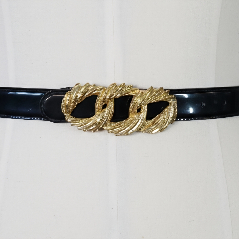 Crown Pacific 30-34" NEW Vintage Patent Leather Black Gold Buckle Triple Ring - Picture 6 of 9